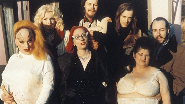 Some of the dream team behind Pink Flamingos: Divine, Mary Vivian Pearce, Mink Stole, Danny Mills, John Waters, Edith Massey and David Lochary.